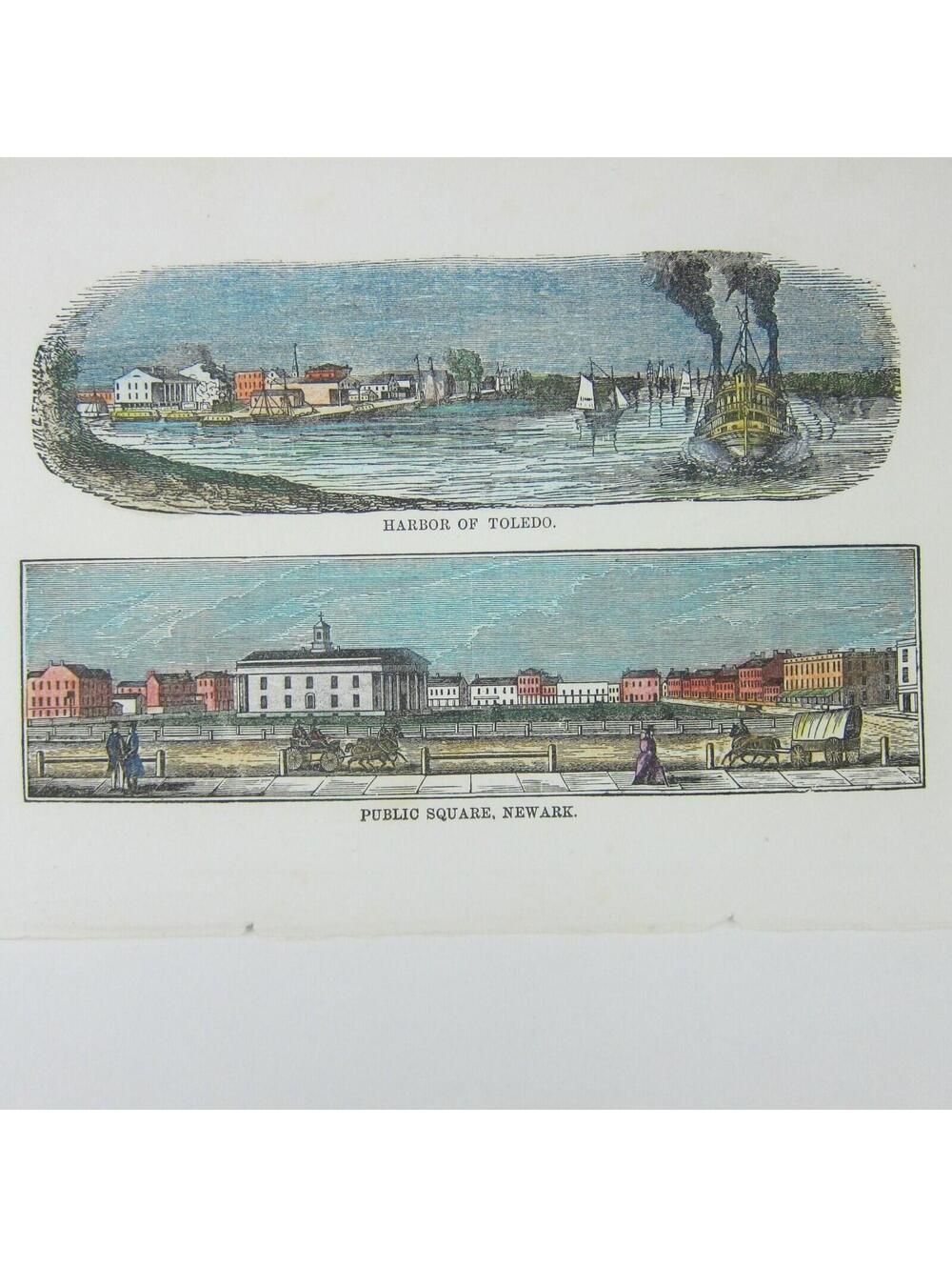 Engraving Print Ohio Toledo Harbor & Newark Square Hand Colored Antique 1847